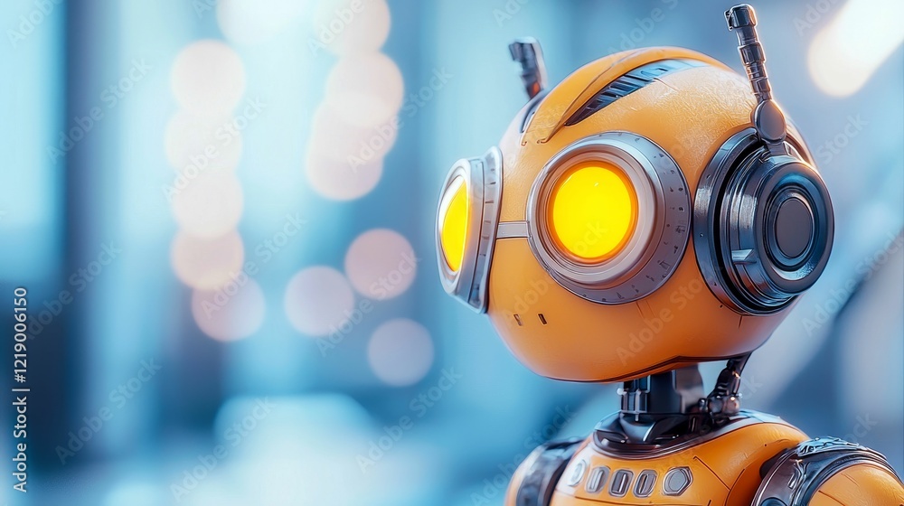 A modern robot with a cheerful expression, featuring orange and metallic colors, set against a blurred background with soft lights. A modern robot with a cheerful expression, featuring orange and metallic colors, set against a blurred background with soft lights.