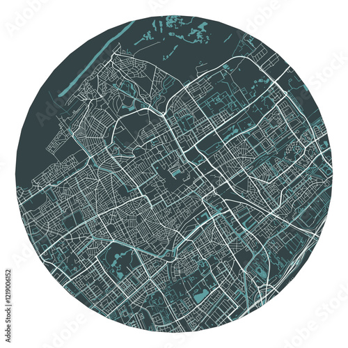 Den Haag vector minimalist street plan map of a Dutch city on a dark gray round background. Netherlands