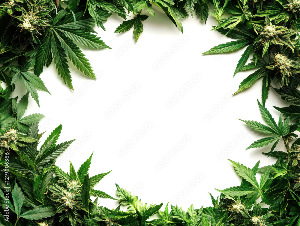 Green cannabis leaves arranged in a circular frame on a white background for creative designs and projects Green cannabis leaves arranged in a circular frame on a white background for creative designs and projects