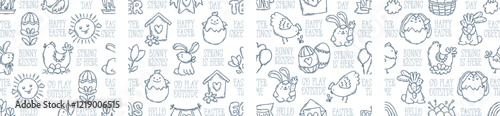 Easter hand-drawn engraving doodle and lettering seamless pattern. Cute black and white spring symbols with double strokes - chickens, rabbits, eggs and flowers