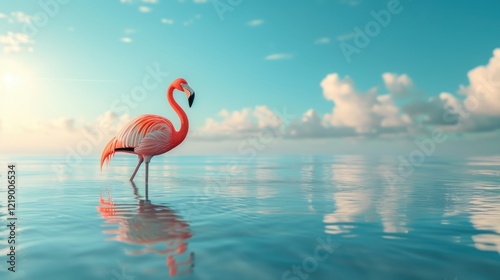 A serene flamingo gracefully standing in calm waters with a blue sky and fluffy clouds reflecting on the surface..