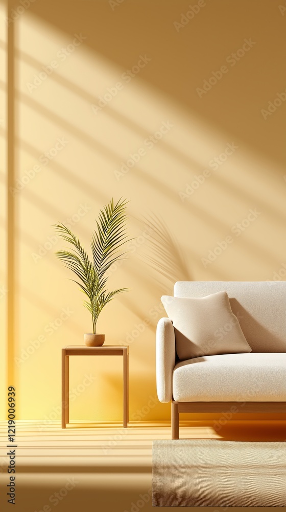 Sunlight illuminating modern living room with sofa and plant Sunlight illuminating modern living room with sofa and plant