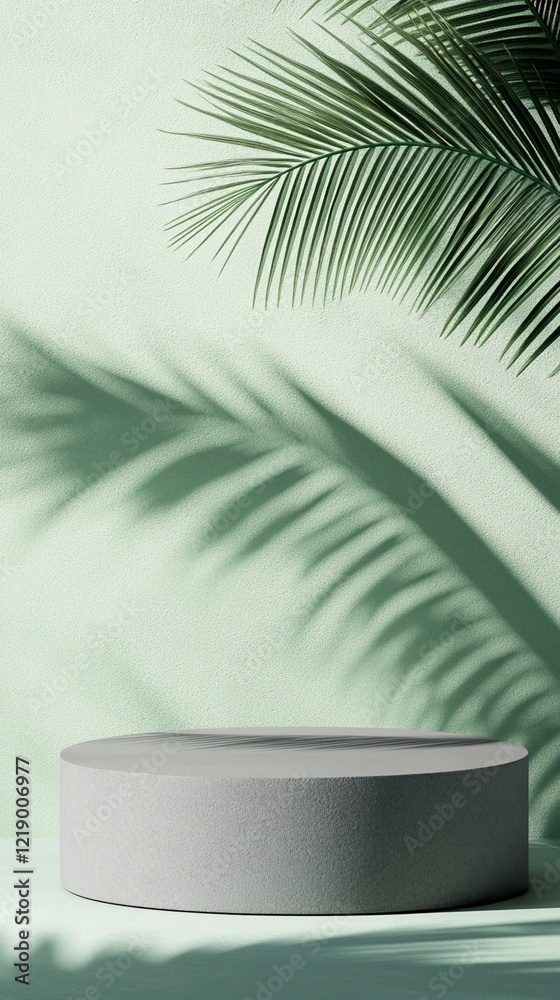 Minimalist product display podium with palm leaf shadow casting artistic patterns on mint green wall, creating modern aesthetic for cosmetic or luxury presentation Minimalist product display podium with palm leaf shadow casting artistic patterns on mint green wall, creating modern aesthetic for cosmetic or luxury presentation