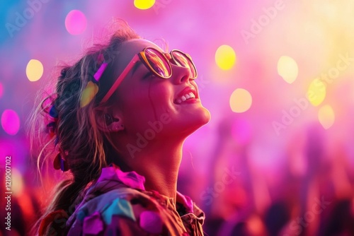 Emotional woman in concert smiles through tears listening to favorite song in vibrant light