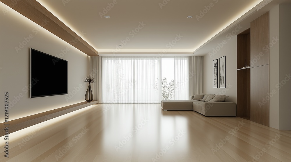 Modern living room with led strip lights illuminating sofa and tv Modern living room with led strip lights illuminating sofa and tv