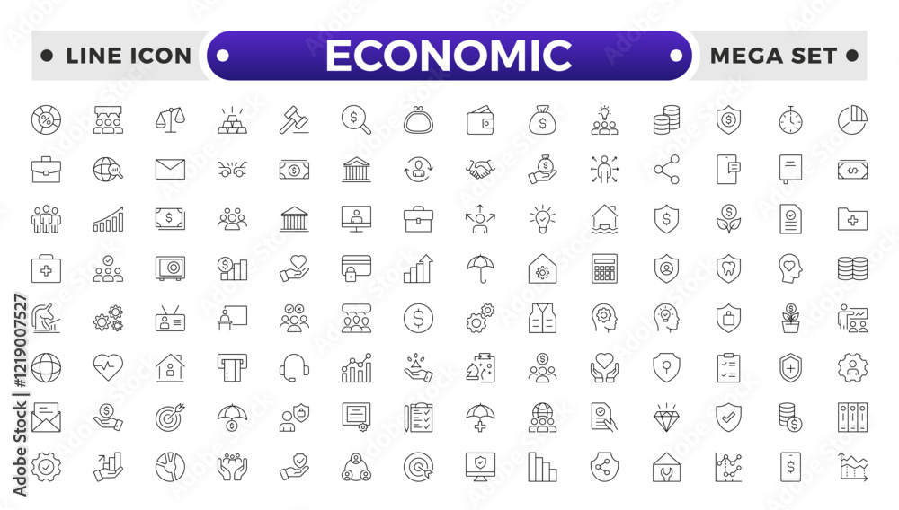 Set of Economic and Insurance line icons. Outline icon collection related to education, insurance, law, government and more. graphs, charts representing market trends, finance analytics. Set of Economic and Insurance line icons. Outline icon collection related to education, insurance, law, government and more. graphs, charts representing market trends, finance analytics.