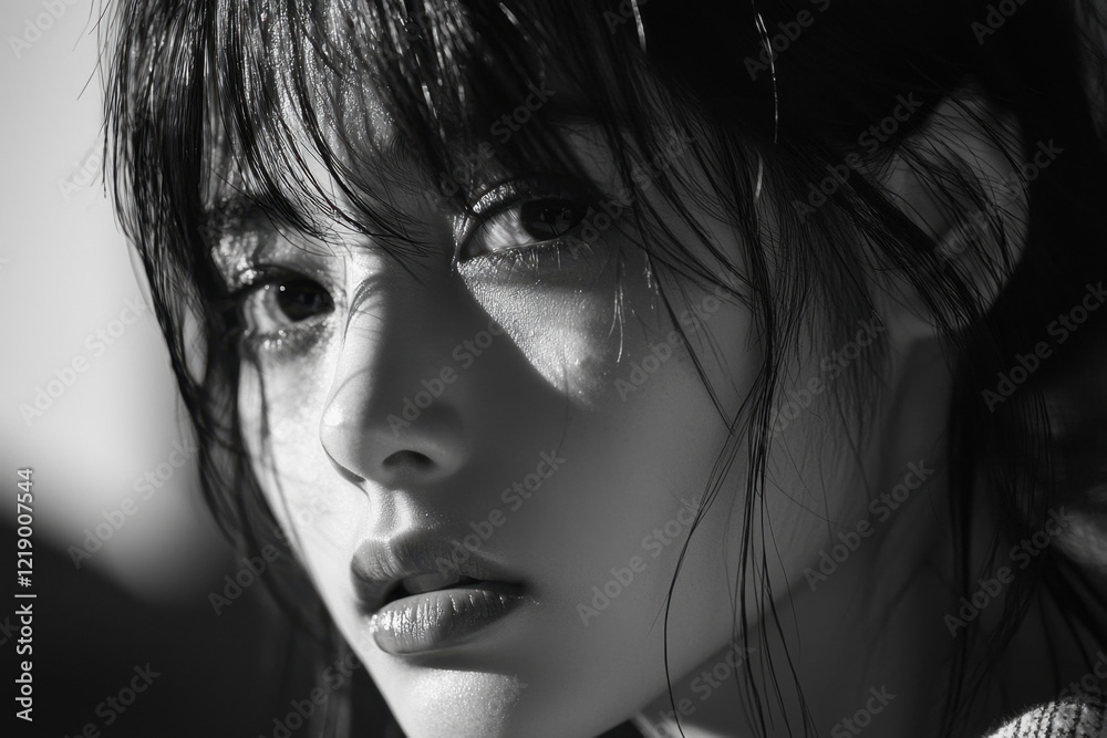 Fototapeta premium Close-up black and white portrait of a woman with deep, reflective eyes and soft lighting.