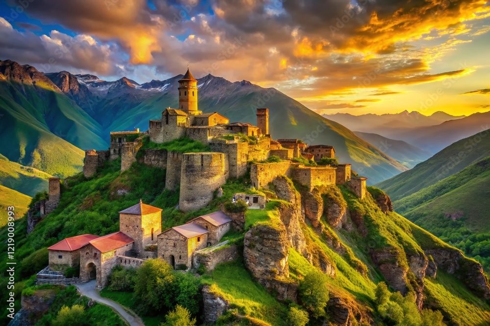 Fototapeta premium Majestic Mutso Fortress, Khevsureti, Georgia: Ancient Stone City Landscape