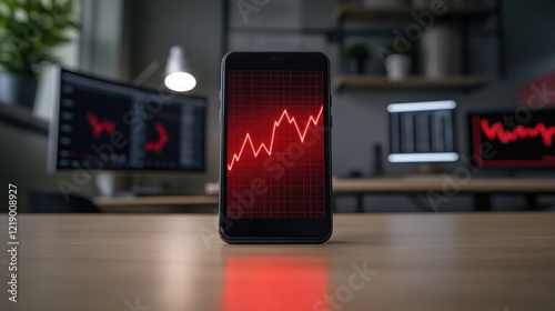 A downward-sloping graph displayed on a smartphone screen placed on a desk. photo