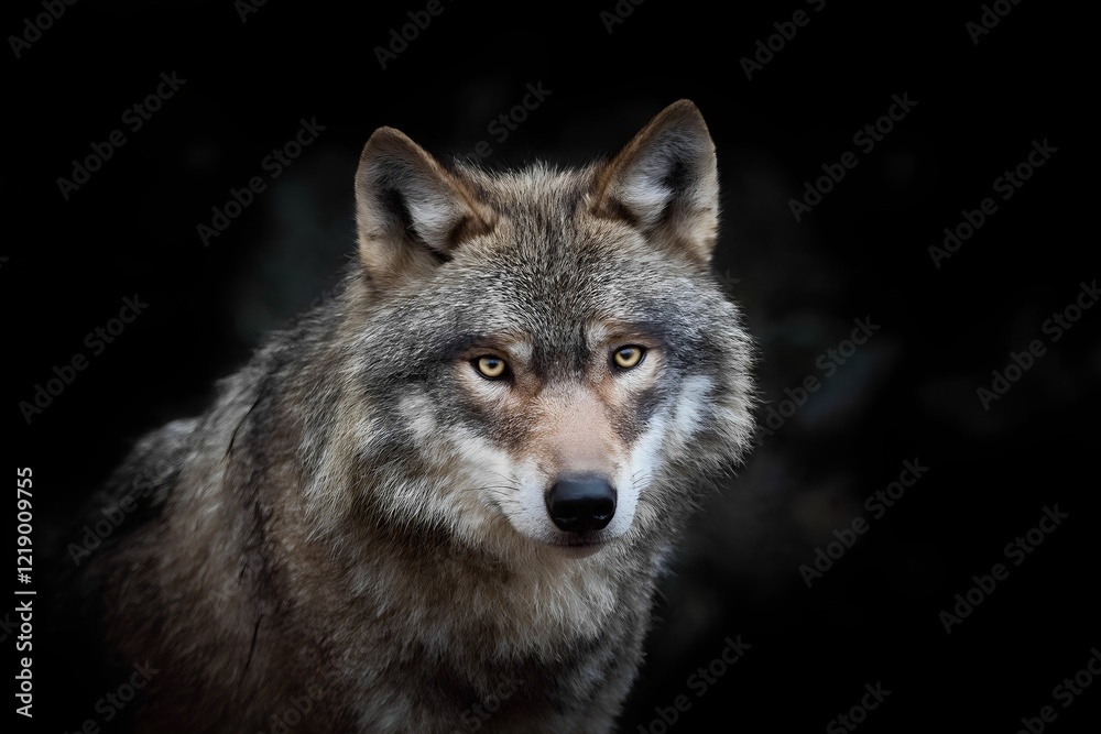 Fototapeta premium A wolf gazes intently with striking eyes, showcasing its thick fur and powerful presence, set against a dark background that enhances its wild and majestic aura.