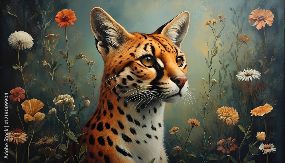 Obraz premium A serval cat with striking fur and large ears stands gracefully among vibrant flowers in a natural setting. Bright floral colors enhance the serene atmosphere in daylight.