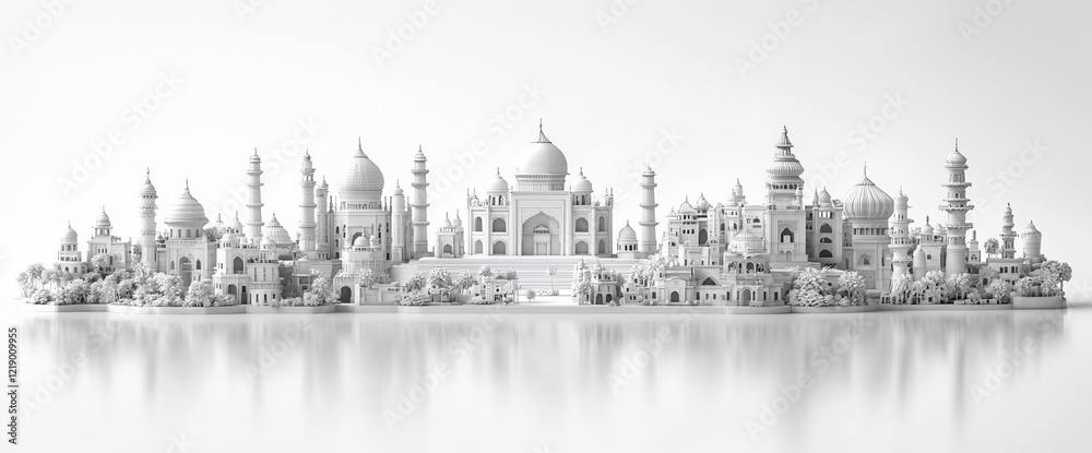 Fototapeta premium Monochromatic architectural model of Taj Mahal and surrounding buildings reflecting in water.