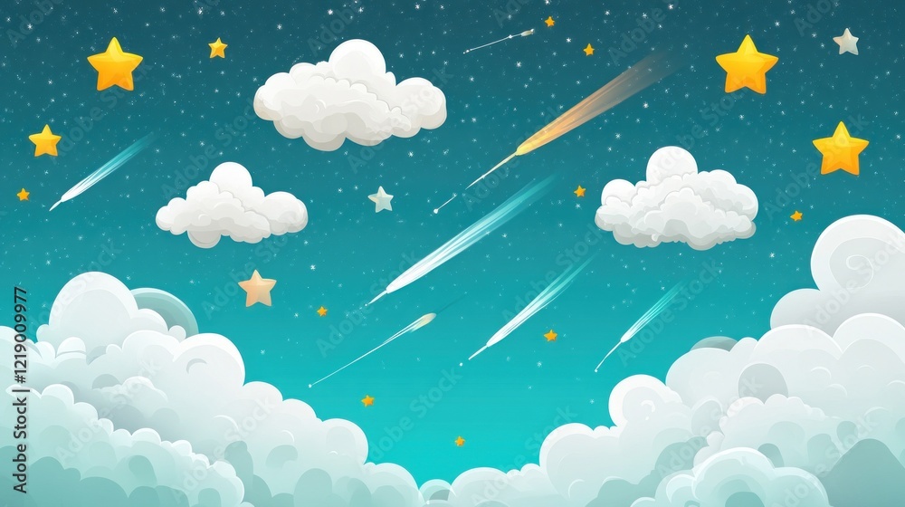 Cartoon night sky with shooting stars, clouds, and stars.