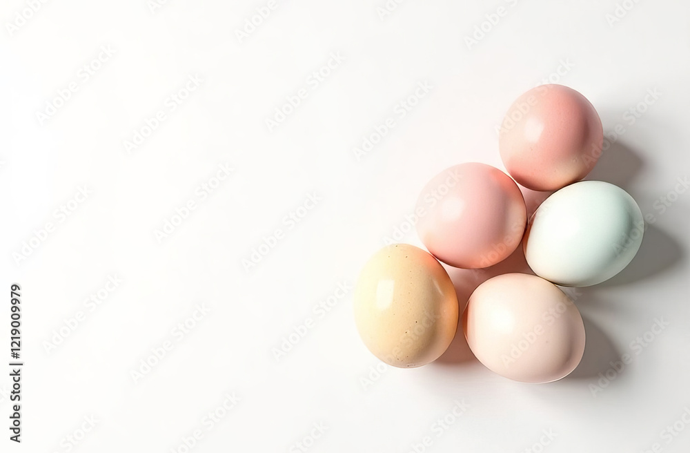 In the right are eggs, with free space for text on the left of image, pastel colors eggs, pattern on the eggs, white background. In the right are eggs, with free space for text on the left of image, pastel colors eggs, pattern on the eggs, white background.