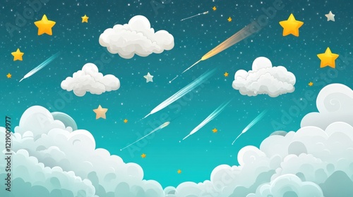 Obraz na płótnie Cartoon night sky with shooting stars, clouds, and stars. w salonie
