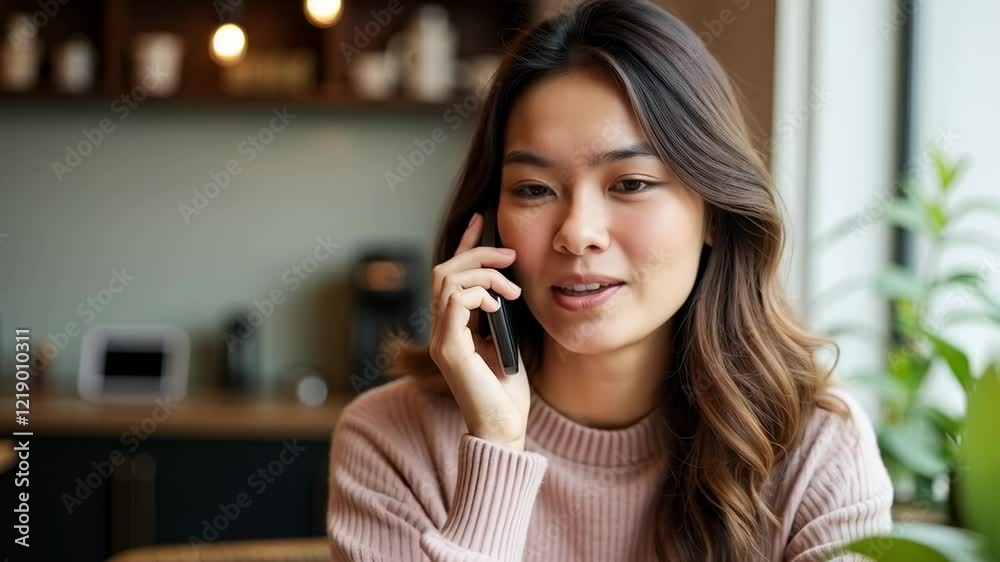 Joyful Young Woman with Long Hair Smiling While Talking on Smartphone in Cozy Cafe Setting, Enjoying Communication and Connection Joyful Young Woman with Long Hair Smiling While Talking on Smartphone in Cozy Cafe Setting, Enjoying Communication and Connection