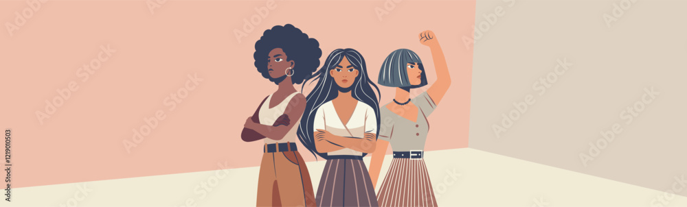 Women's day, women's month, equality day. Vector illustration of a feminist. Women of different skin colors and nationalities stand together in protest poses, gender equality and women's empowerment Women's day, women's month, equality day. Vector illustration of a feminist. Women of different skin colors and nationalities stand together in protest poses, gender equality and women's empowerment