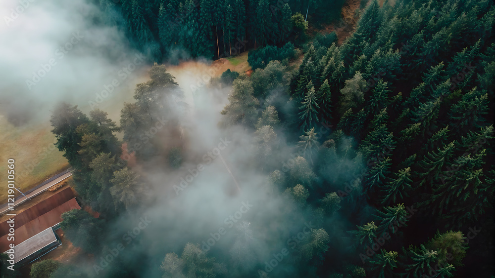 A dense forest shrouded in mist, seen from above. Tall pine trees stand amidst a sea of lush, verdant colors A dense forest shrouded in mist, seen from above. Tall pine trees stand amidst a sea of lush, verdant colors