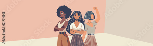 Women's day, women's month, equality day. Vector illustration of a feminist. Women of different skin colors and nationalities stand together in protest poses, gender equality and women's empowerment