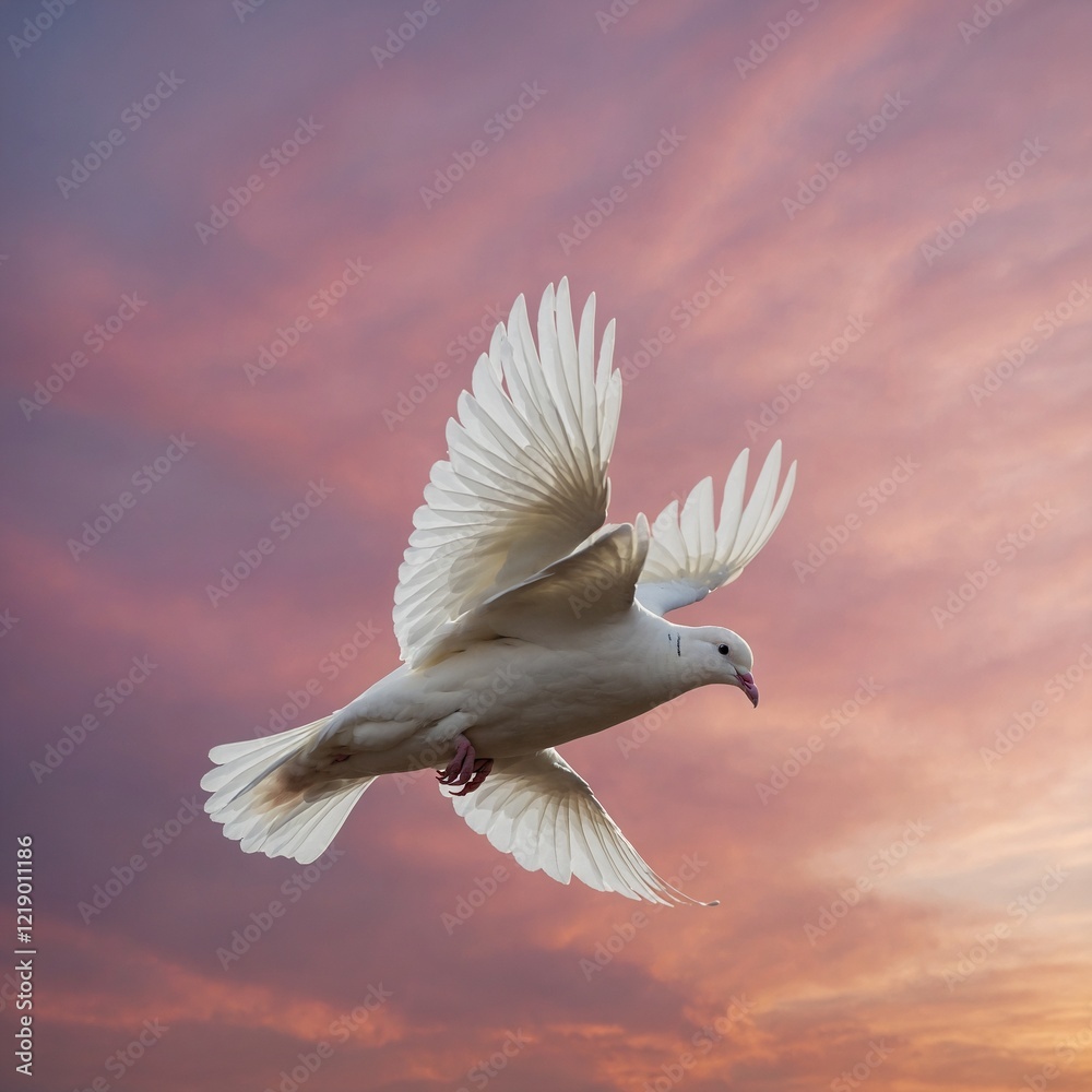 Obraz premium A pure white dove flying against a glowing, soft pink sky.