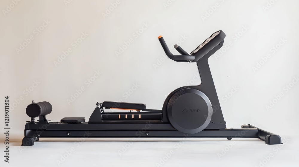 A modern rowing machine with adjustable settings, on a white isolated background A modern rowing machine with adjustable settings, on a white isolated background