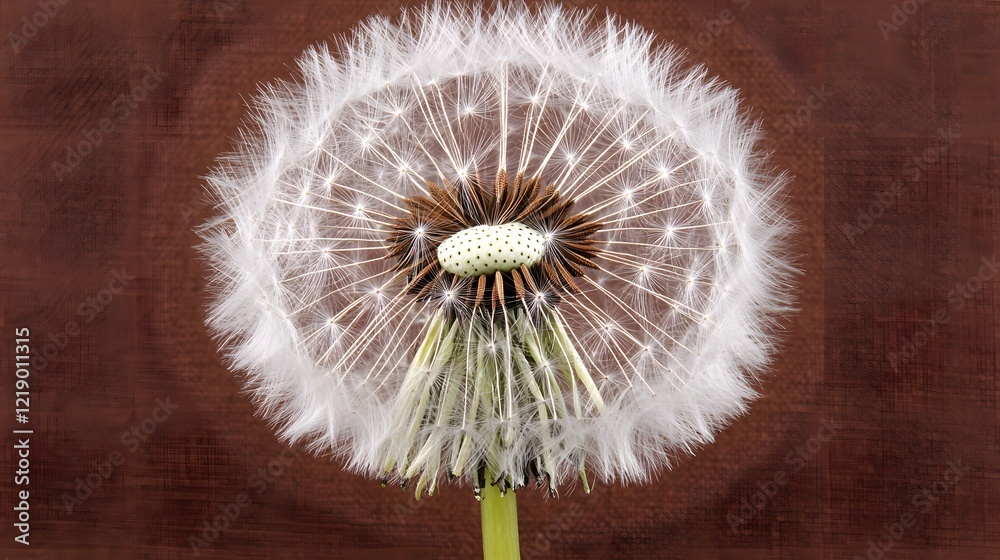 Fototapeta premium Close-up Detailed Dandelion Seed Head on Brown Background