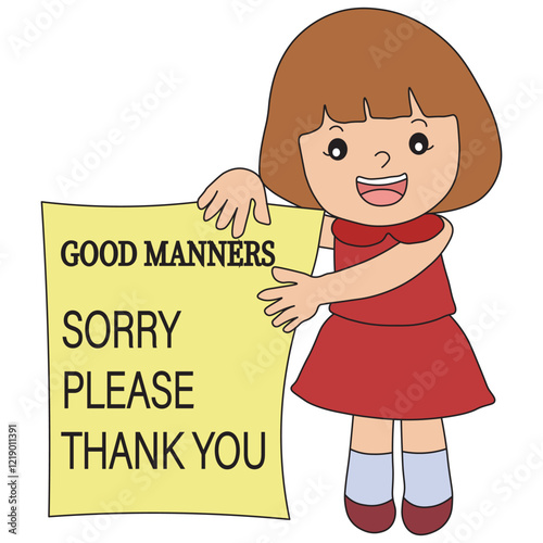 Little Girl Learning and Teaching Good Manners Educational Vector Illustration.