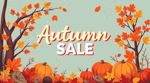 Vector autumn sale banner with pumpkins and colorful leaves on a pastel background