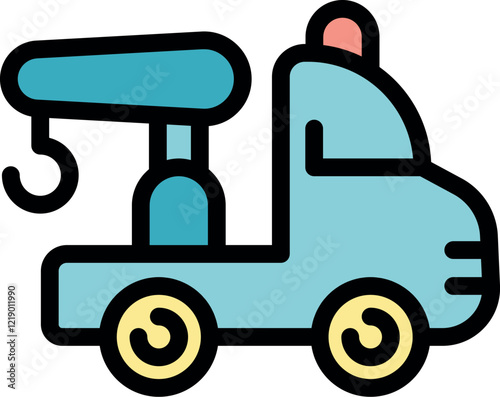 Cartoon tow truck with crane and hook ready for roadside assistance, car towing, and vehicle recovery services