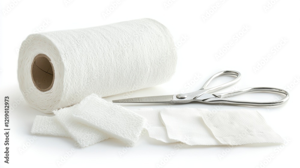Fototapeta premium A medical bandage roll with scissors and gauze pads on a white isolated background