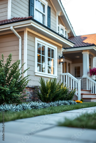 Dream House Exterior: Stunning Home Design with Landscaped Garden and Walkway photo