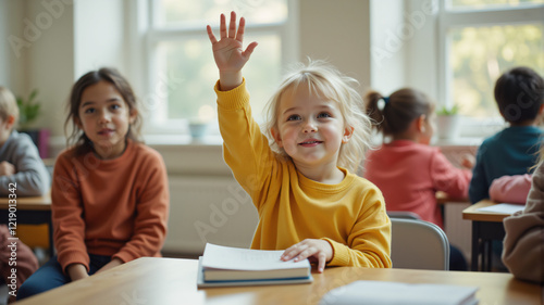 A lively classroom scene showcasing children engaged, with one girl eagerly raising her hand. photo