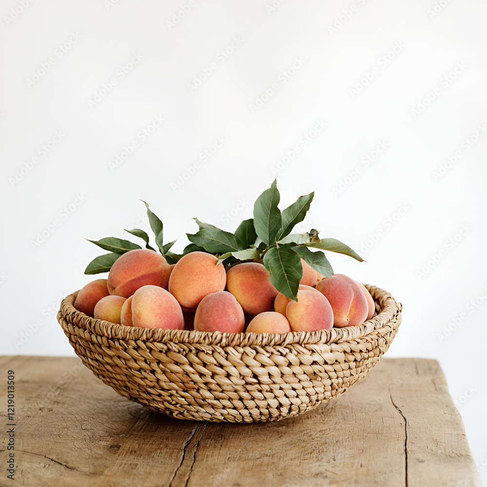 Fresh peaches in a rustic woven basket, a summer harvest scene. Fresh peaches in a rustic woven basket, a summer harvest scene.