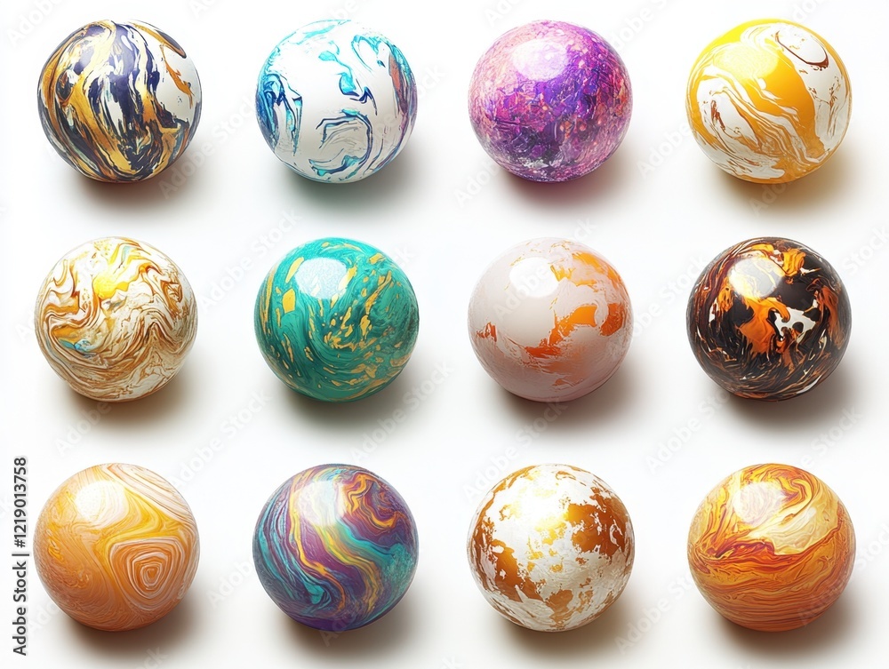 Colorful marbled spheres arranged in grid pattern Colorful marbled spheres arranged in grid pattern