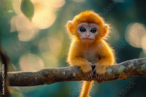 Cute monkey sitting on a branch in a natural setting, a National Geographic photo