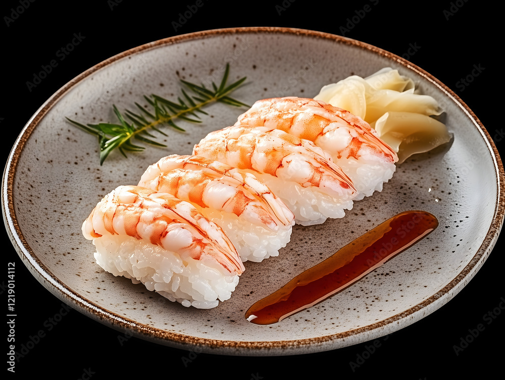Shrimp nigiri sushi with soy sauce and ginger on ceramic plate Shrimp nigiri sushi with soy sauce and ginger on ceramic plate
