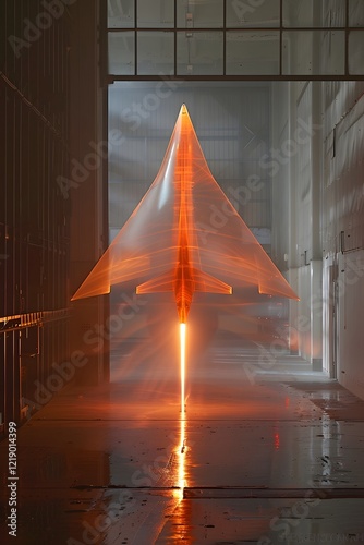 An experimental airplane model is positioned vertically in a wind tunnel, illuminated with vibrant orange light while undergoing aerodynamic tests. The environment highlights advanced engineering