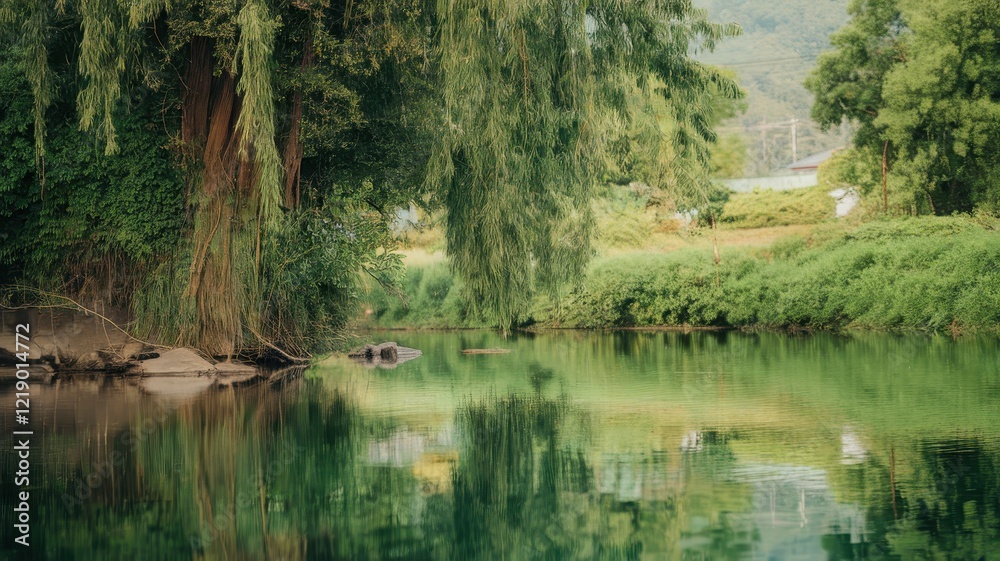 A serene landscape featuring a lush green riverbank with weeping willows reflecting on calm water, creating a tranquil atmosphere.