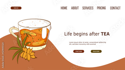 Landing page template with tea, teacups, sea ​​​​buckthorn. For poster, card, banner, discount, special offer. Vector illustration EPS10 
