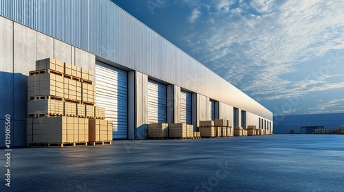 Large warehouse with cargo pallets outside	 photo