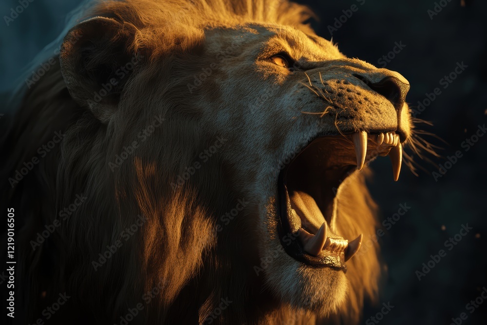 Naklejka premium A roaring lion, with its mouth open and fangs visible against a black background.