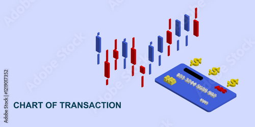 Isometric chart of transacion illustration. Icon 3D of candlestick chart and debit card. Vector design.