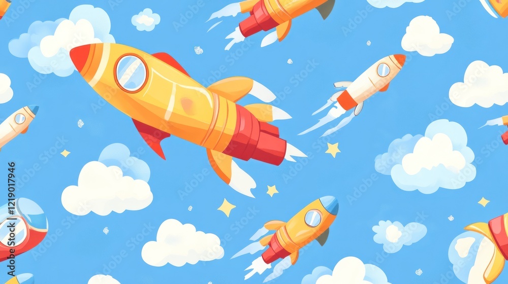Cartoon rockets flying in a blue sky with clouds and stars.