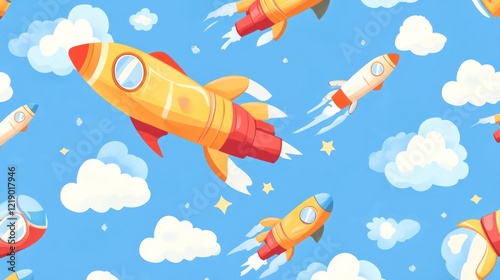 Obraz na płótnie Cartoon rockets flying in a blue sky with clouds and stars. w salonie