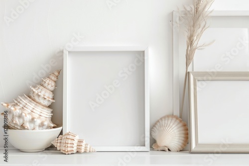 two photo frame blank empty on white wall and ocean shell decorate dry plant mockup for picture photo