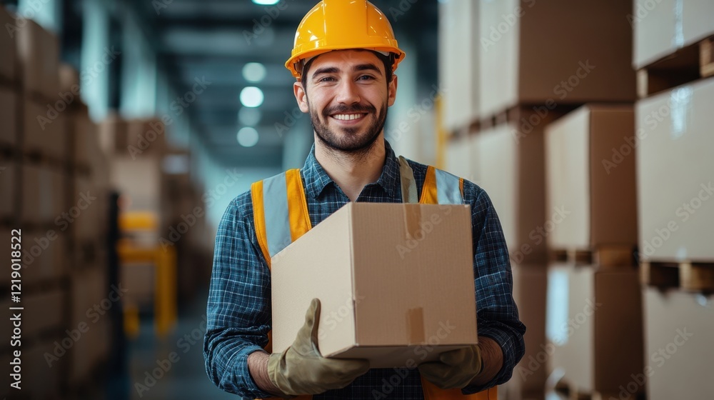 Smiling warehouse worker holding a package in uniform Smiling warehouse worker holding a package in uniform