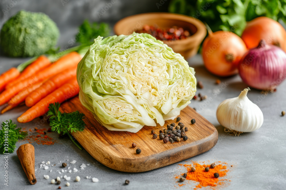 A wooden board with half of the cabbage, carrots, and onions on it, surrounded by spices, against a gray background A wooden board with half of the cabbage, carrots, and onions on it, surrounded by spices, against a gray background