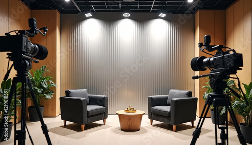 The interior of a studio is set up for podcasting and interviews, featuring two chairs