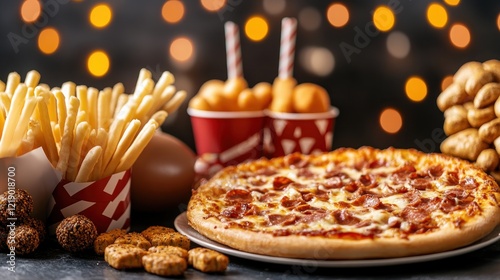 Celebrate with a festive birthday pizza party featuring delicious pizza and an array of snacks, including golden french fries and chicken nuggets Enjoy this exciting environment with yummy treats photo