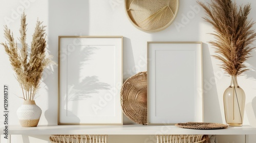 two frame mockup for picture minimalist boho soft warm tone interior decoration straw wicker wall baskets photo